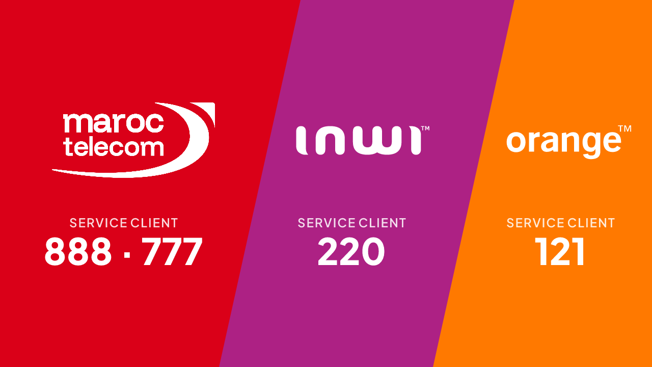 Logos de Maroc Telecom, inwi et Orange avec leurs numéros de service client : 888 et 777, 220, 121