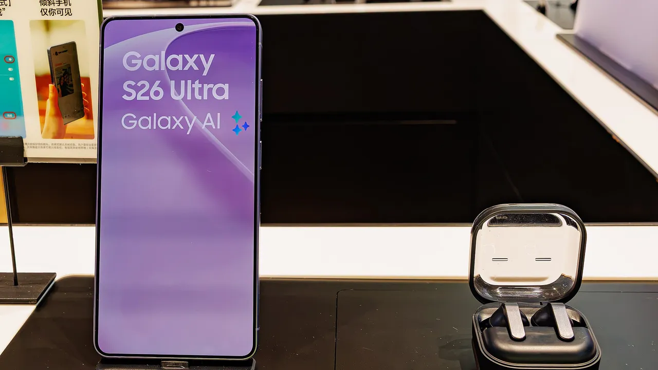 Galaxy S26 Ultra exposé en magasin avec son S Pen, à côté d'un boîtier d'écouteurs Galaxy Buds4 Pro